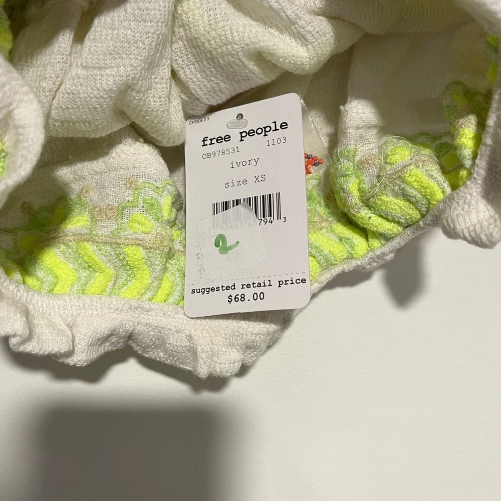 Free People Ivory Top with Neon Green Details